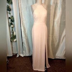 Morgan & Co Long Sheath Dress, Pink, Lace & Sparkle Empire Waist, Leg Slit, 7/8